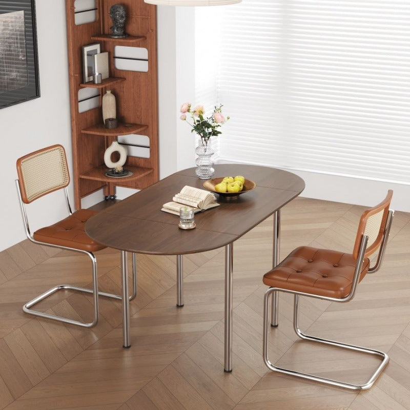 Table à manger moderne minimaliste pliable ovale en bois avec plateau en mélamine pour 4 places en acier inoxydable 
