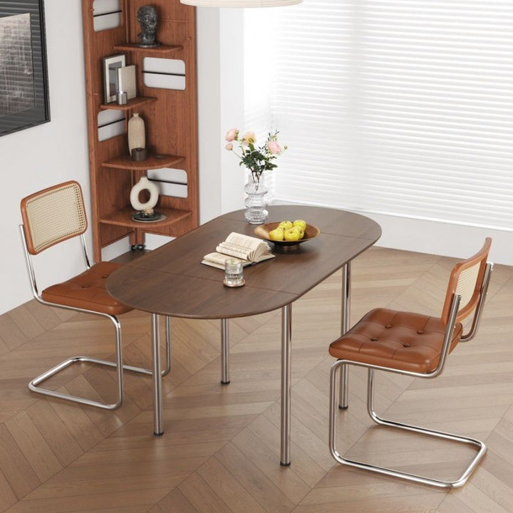 Table à manger moderne minimaliste pliable ovale en bois avec plateau en mélamine pour 4 places en acier inoxydable 