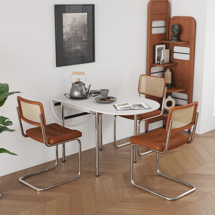 Table à manger moderne minimaliste pliable ovale en bois avec plateau en mélamine pour 4 places en acier inoxydable 