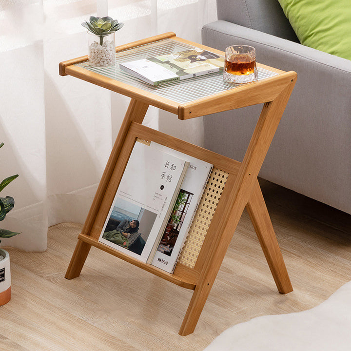 Zeitgenössischer skandinavischer Nan-Bambus-Mittel­dichte-Faserplatte-Glas-PE-Rattan-Beistelltisch für das Wohnzimmer 