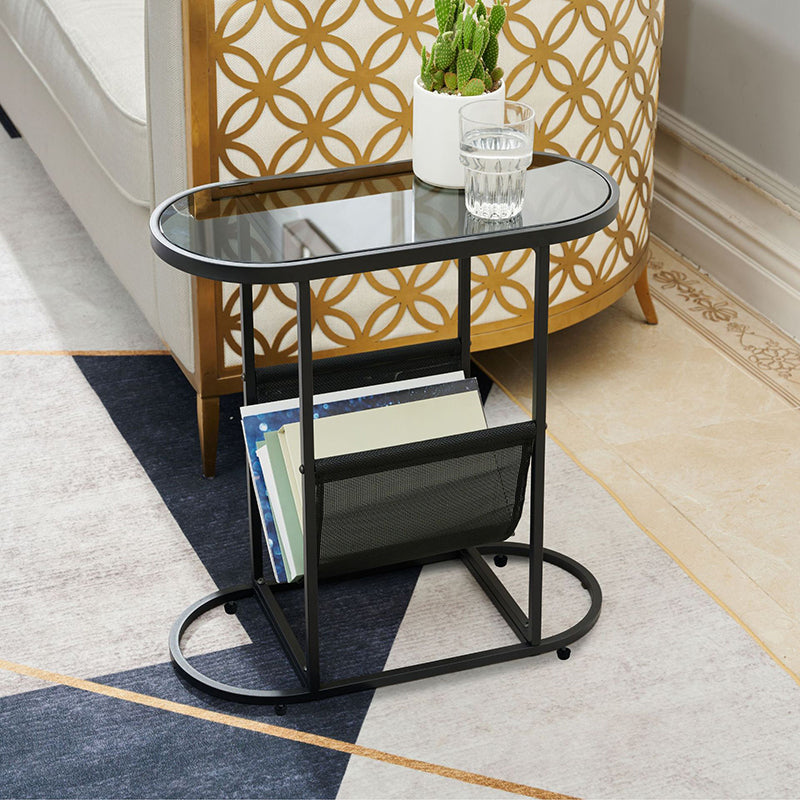 Modern Minimalist Oval Iron Glass Side Table 2-Tier For Living Room