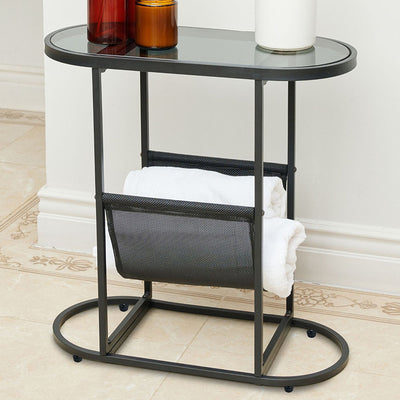 Modern Minimalist Oval Iron Glass Side Table 2-Tier For Living Room
