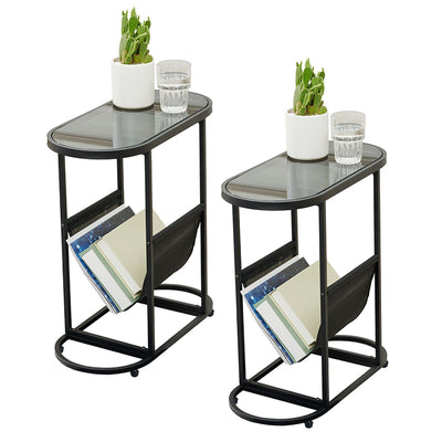 Modern Minimalist Oval Iron Glass Side Table 2-Tier For Living Room