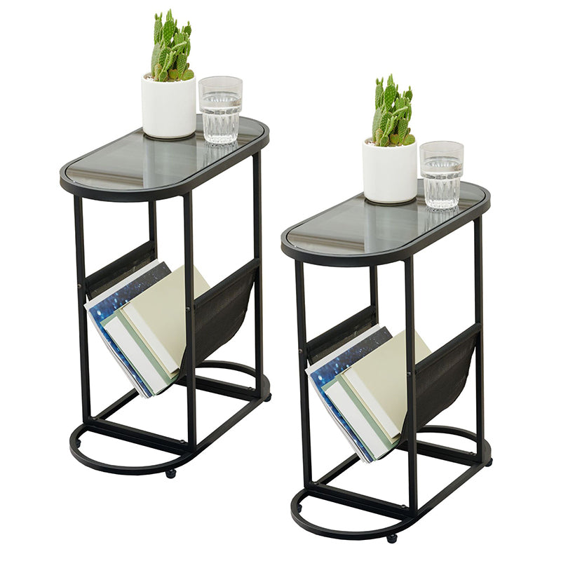 Modern Minimalist Oval Iron Glass Side Table 2-Tier For Living Room