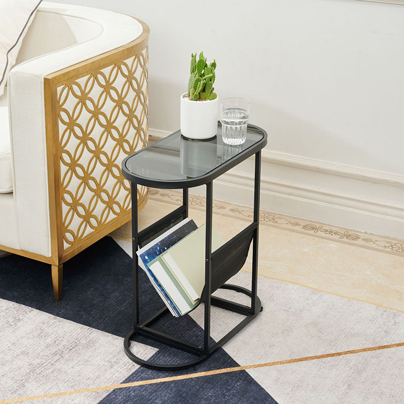Modern Minimalist Oval Iron Glass Side Table 2-Tier For Living Room
