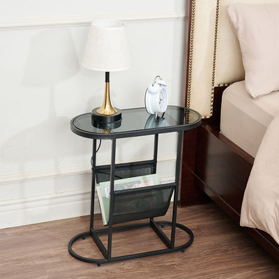 Modern Minimalist Oval Iron Glass Side Table 2-Tier For Living Room