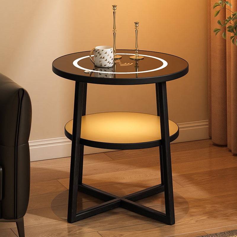 Modern Minimalist Round Iron Synthetic Wood Glass Lighting Wireless Charging Side Table 2/3-Tier For Living Room