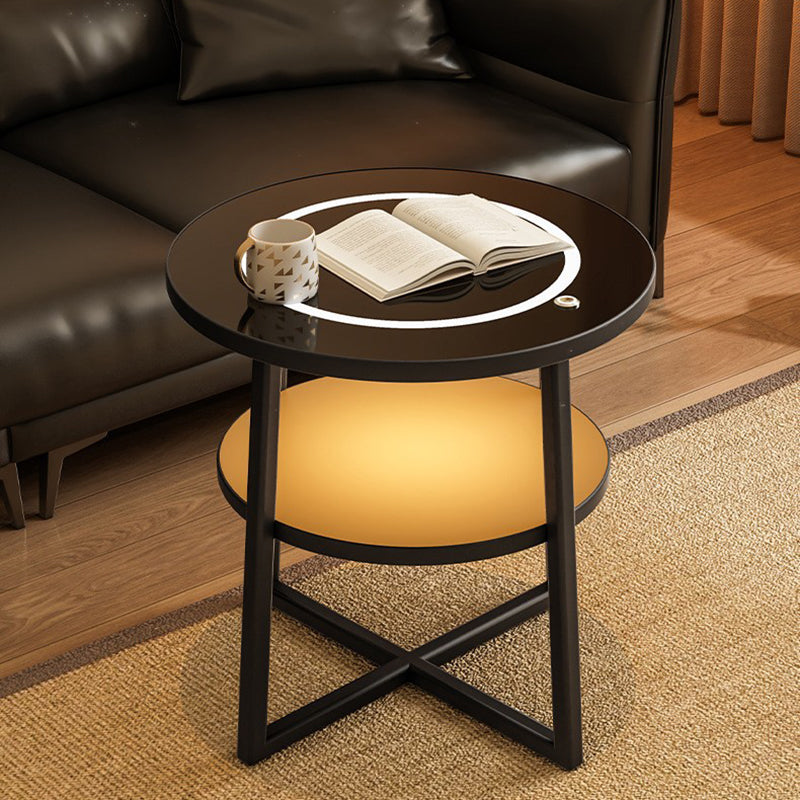 Modern Minimalist Round Iron Synthetic Wood Glass Lighting Wireless Charging Side Table 2/3-Tier For Living Room
