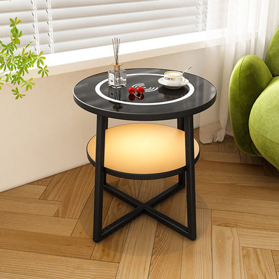 Modern Minimalist Round Iron Synthetic Wood Glass Lighting Wireless Charging Side Table 2/3-Tier For Living Room