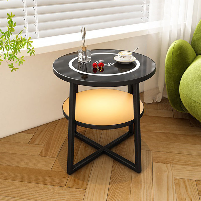 Modern Minimalist Round Iron Synthetic Wood Glass Lighting Wireless Charging Side Table 2/3-Tier For Living Room