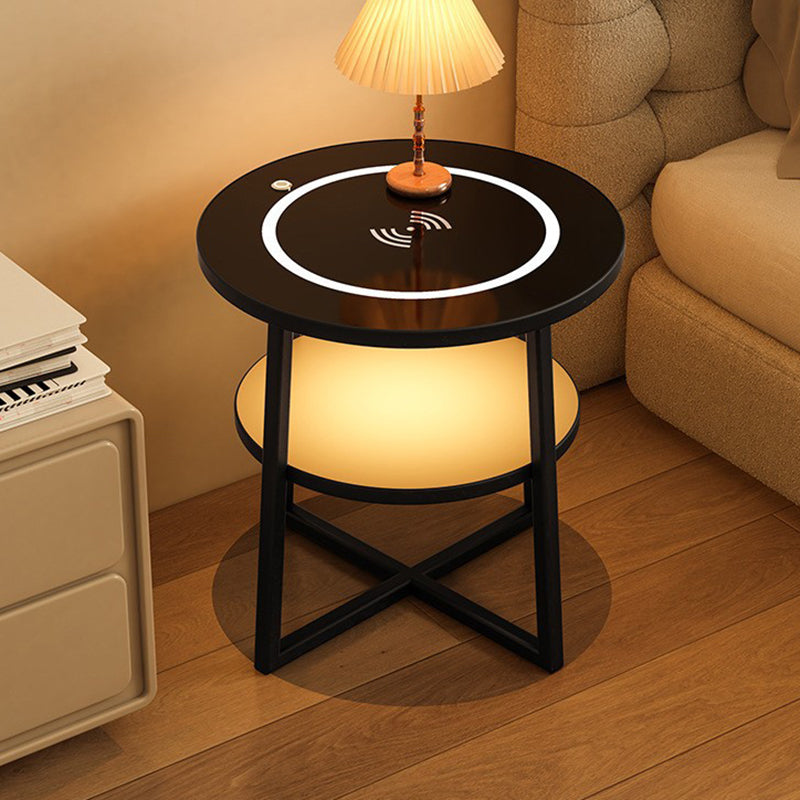 Modern Minimalist Round Iron Synthetic Wood Glass Lighting Wireless Charging Side Table 2/3-Tier For Living Room