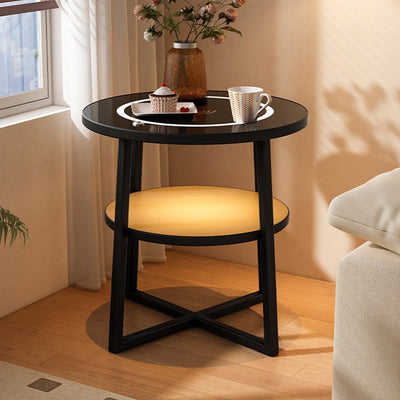 Modern Minimalist Round Iron Synthetic Wood Glass Lighting Wireless Charging Side Table 2/3-Tier For Living Room