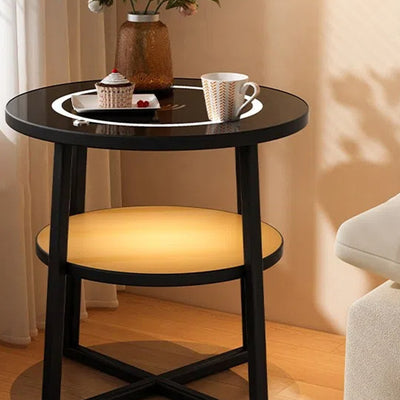 Modern Minimalist Round Iron Synthetic Wood Glass Lighting Wireless Charging Side Table 2/3-Tier For Living Room