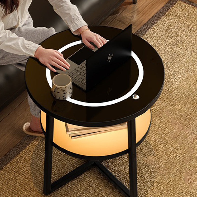 Modern Minimalist Round Iron Synthetic Wood Glass Lighting Wireless Charging Side Table 2/3-Tier For Living Room