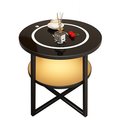 Modern Minimalist Round Iron Synthetic Wood Glass Lighting Wireless Charging Side Table 2/3-Tier For Living Room