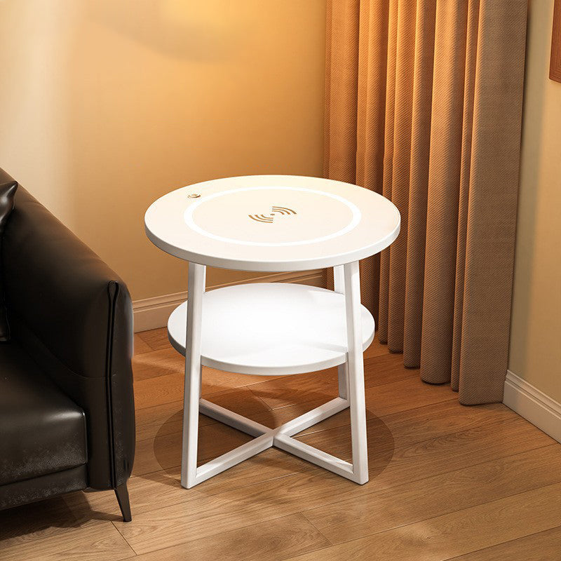 Modern Minimalist Round Iron Synthetic Wood Glass Lighting Wireless Charging Side Table 2/3-Tier For Living Room