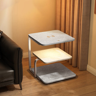 Modern Minimalist Round Iron Synthetic Wood Glass Lighting Wireless Charging Side Table 2/3-Tier For Living Room