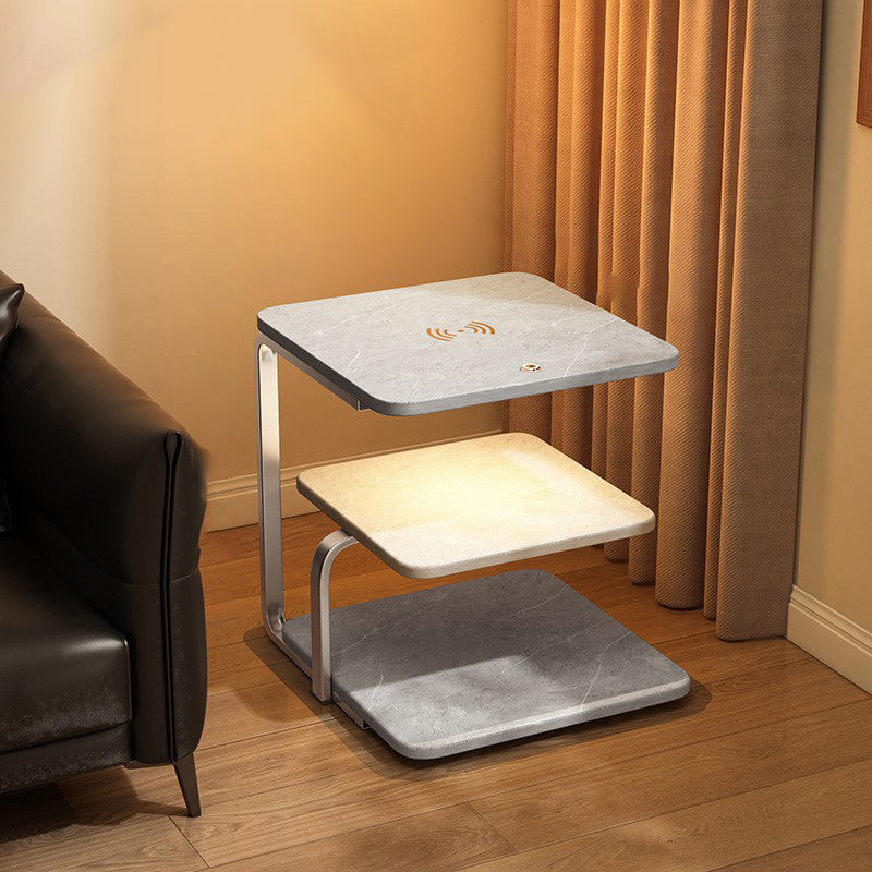 Modern Minimalist Round Iron Synthetic Wood Glass Lighting Wireless Charging Side Table 2/3-Tier For Living Room