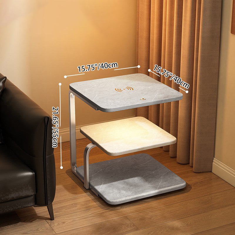 Modern Minimalist Round Iron Synthetic Wood Glass Lighting Wireless Charging Side Table 2/3-Tier For Living Room
