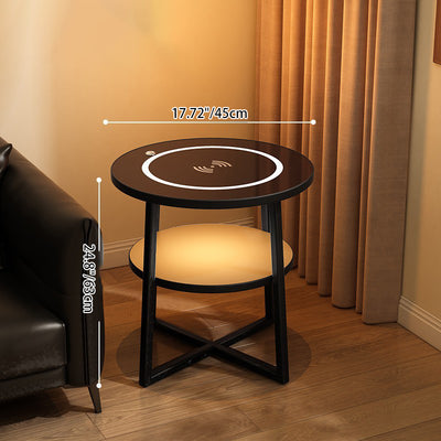 Modern Minimalist Round Iron Synthetic Wood Glass Lighting Wireless Charging Side Table 2/3-Tier For Living Room