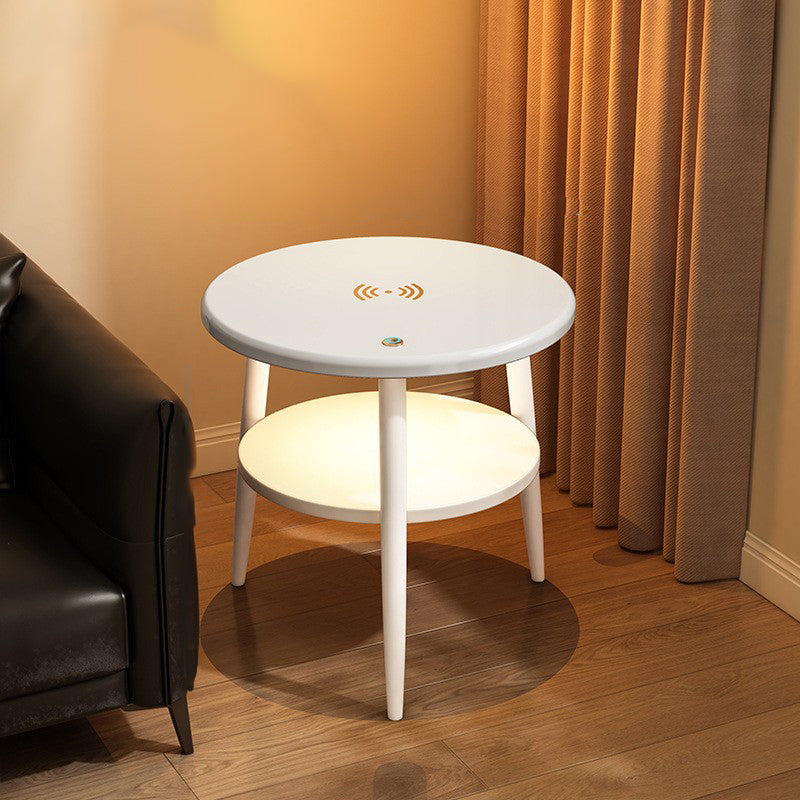 Modern Minimalist Round Iron Synthetic Wood Glass Lighting Wireless Charging Side Table 2/3-Tier For Living Room