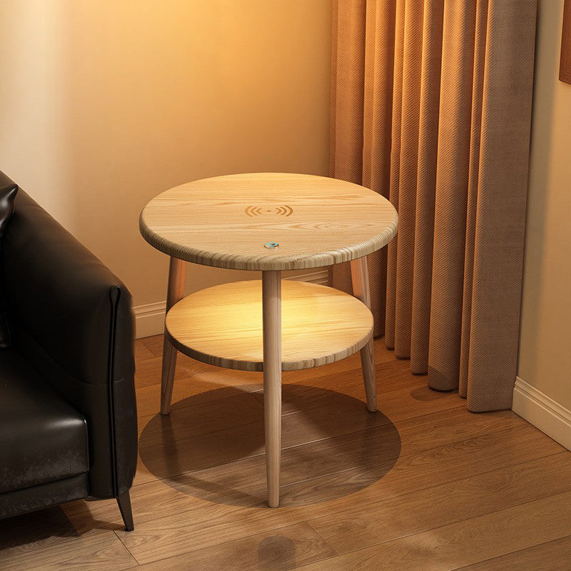 Modern Minimalist Round Iron Synthetic Wood Glass Lighting Wireless Charging Side Table 2/3-Tier For Living Room
