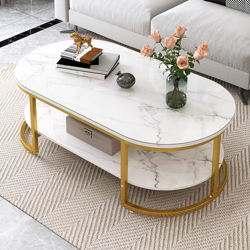 Contemporary Luxury Oval Medium Density Fiberboard Iron Coffee Table With 2-Tier For Living Room