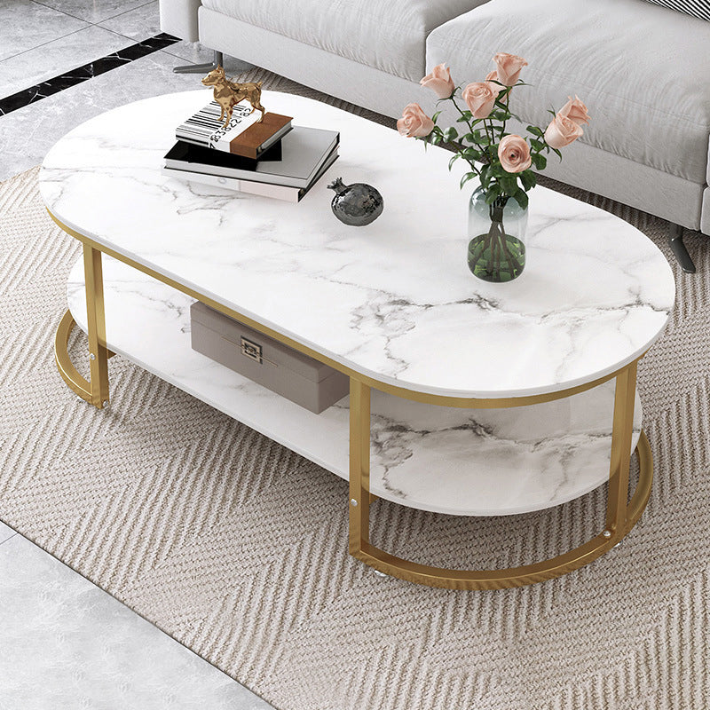 Contemporary Luxury Oval Medium Density Fiberboard Iron Coffee Table With 2-Tier For Living Room