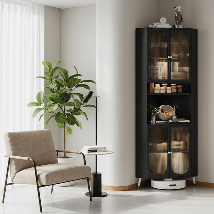 Zeitgenössischer skandinavischer dreieckiger kaltgewalzter Stahl gehärtetes Glas Eckschrank 2-Schränke 2-Ebenen für Wohnzimmer 