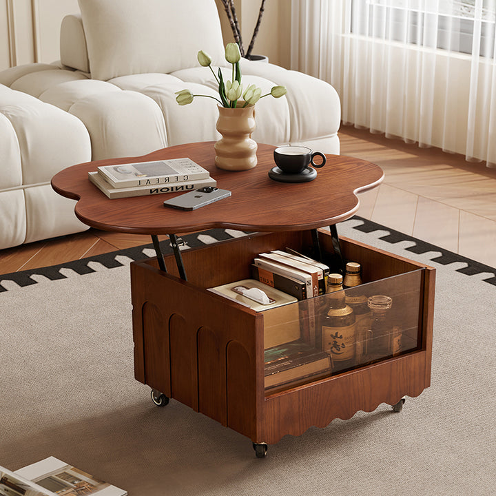 Traditional Vintage Floral-Shaped Ash Wood Plywood Acrylic Movable Coffee Table 1-Cabinet For Living Room