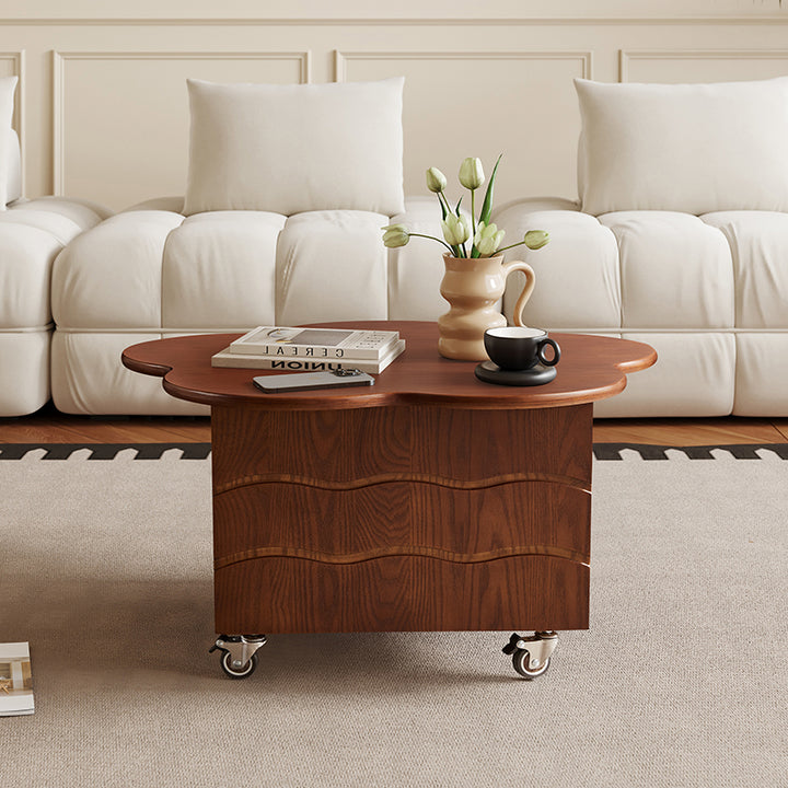 Traditional Vintage Floral-Shaped Ash Wood Plywood Acrylic Movable Coffee Table 1-Cabinet For Living Room