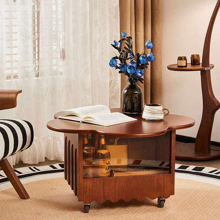 Traditional Vintage Floral-Shaped Ash Wood Plywood Acrylic Movable Coffee Table 1-Cabinet For Living Room