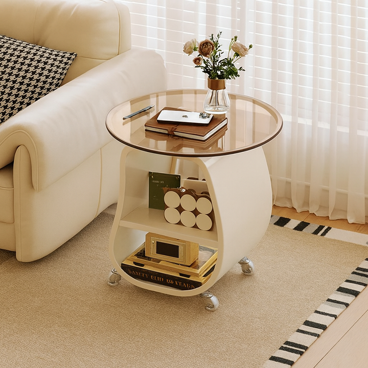 Table d'appoint contemporaine scandinave ronde en fer à plusieurs niveaux avec panneau en bois massif et verre trempé à 2 niveaux pour salon 