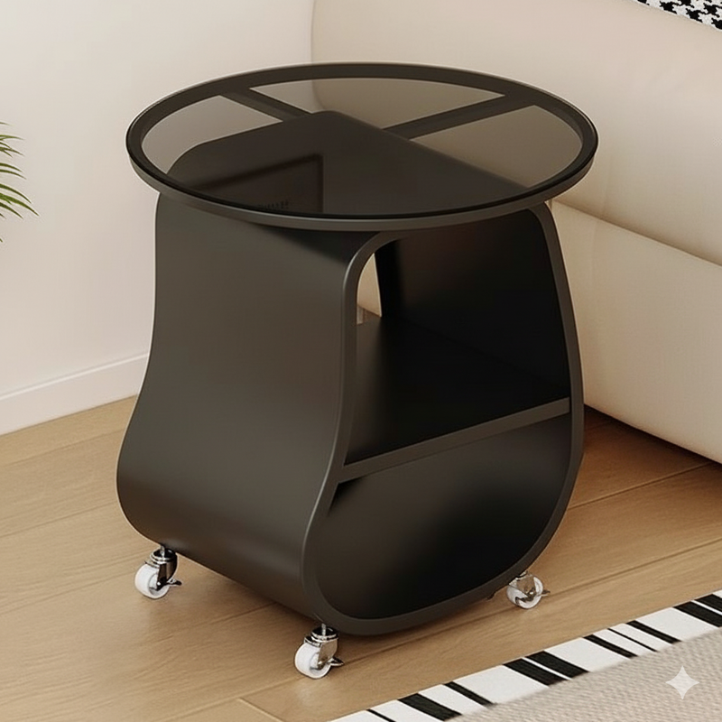 Contemporary Scandinavian Round Iron Multi-Layer Solid Wood Panel Tempered Glass Side Table 2-Tier For Living Room