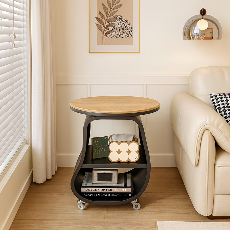 Contemporary Scandinavian Round Iron Multi-Layer Solid Wood Panel Tempered Glass Side Table 2-Tier For Living Room