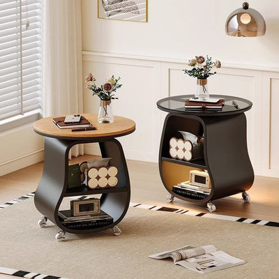 Contemporary Scandinavian Round Iron Multi-Layer Solid Wood Panel Tempered Glass Side Table 2-Tier For Living Room