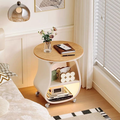 Contemporary Scandinavian Round Iron Multi-Layer Solid Wood Panel Tempered Glass Side Table 2-Tier For Living Room