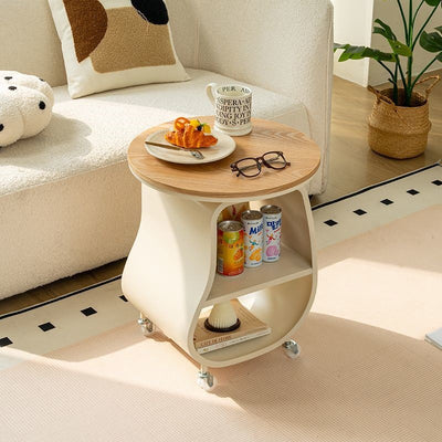 Contemporary Scandinavian Round Iron Multi-Layer Solid Wood Panel Tempered Glass Side Table 2-Tier For Living Room