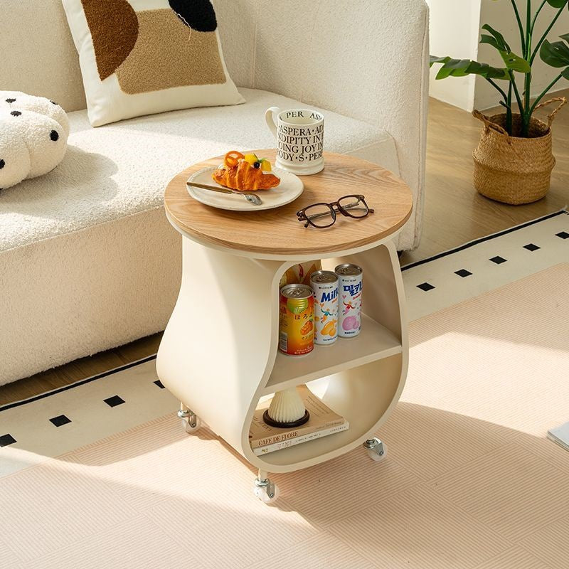 Contemporary Scandinavian Round Iron Multi-Layer Solid Wood Panel Tempered Glass Side Table 2-Tier For Living Room