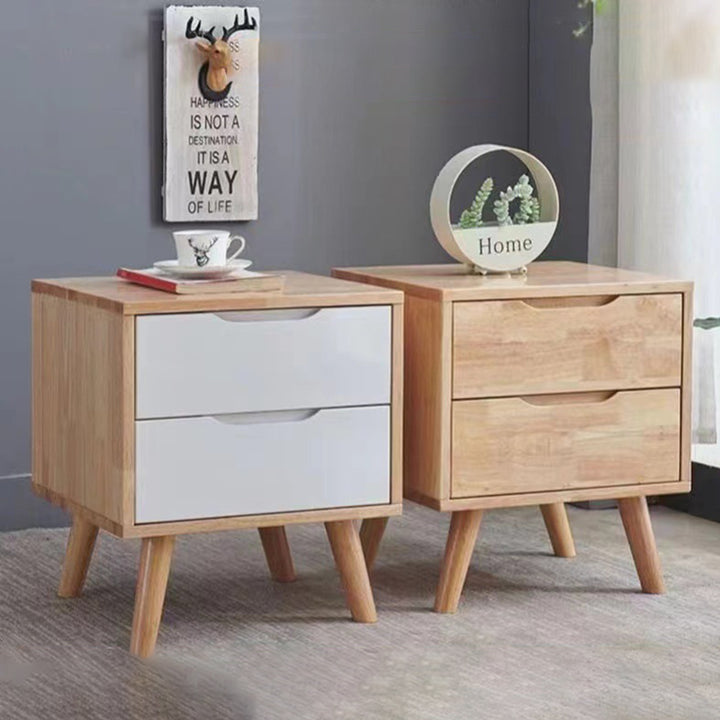 Contemporary Scandinavian Square Rubberwood Solid Wood Plywood Nightstand 2-Drawer For Bedroom