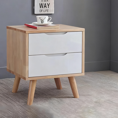 Contemporary Scandinavian Square Rubberwood Solid Wood Plywood Nightstand 2-Drawer For Bedroom