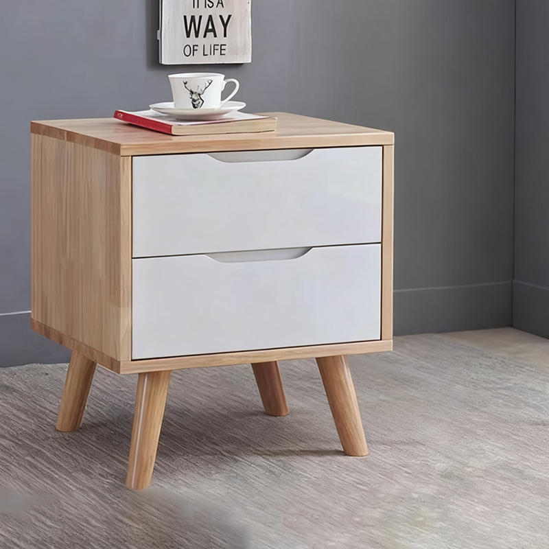 Contemporary Scandinavian Square Rubberwood Solid Wood Plywood Nightstand 2-Drawer For Bedroom