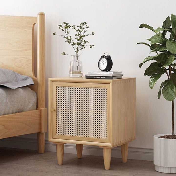 Traditional Chinese Square Pine Solid Wood Plywood Rattan Glass Nightstand 1-Cabinet For Bedroom
