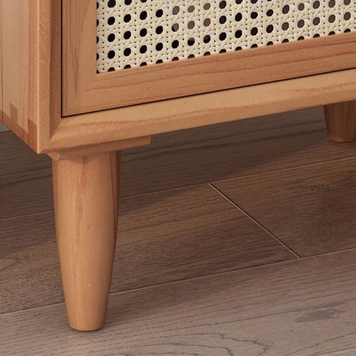 Traditional Chinese Square Pine Solid Wood Plywood Rattan Glass Nightstand 1-Cabinet For Bedroom