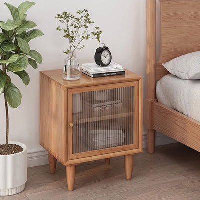 Traditional Chinese Square Pine Solid Wood Plywood Rattan Glass Nightstand 1-Cabinet For Bedroom