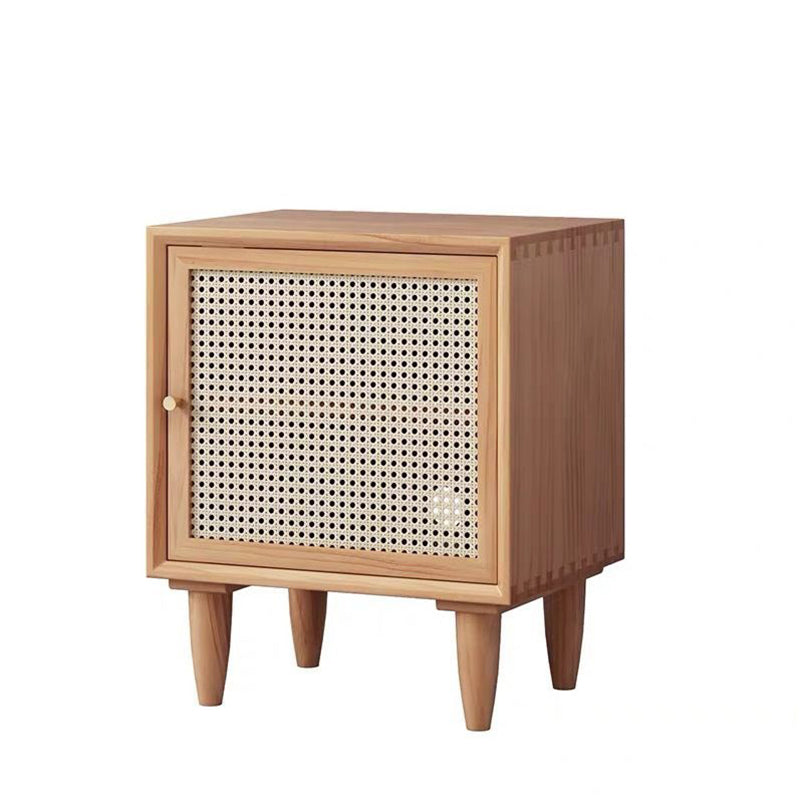 Traditional Chinese Square Pine Solid Wood Plywood Rattan Glass Nightstand 1-Cabinet For Bedroom