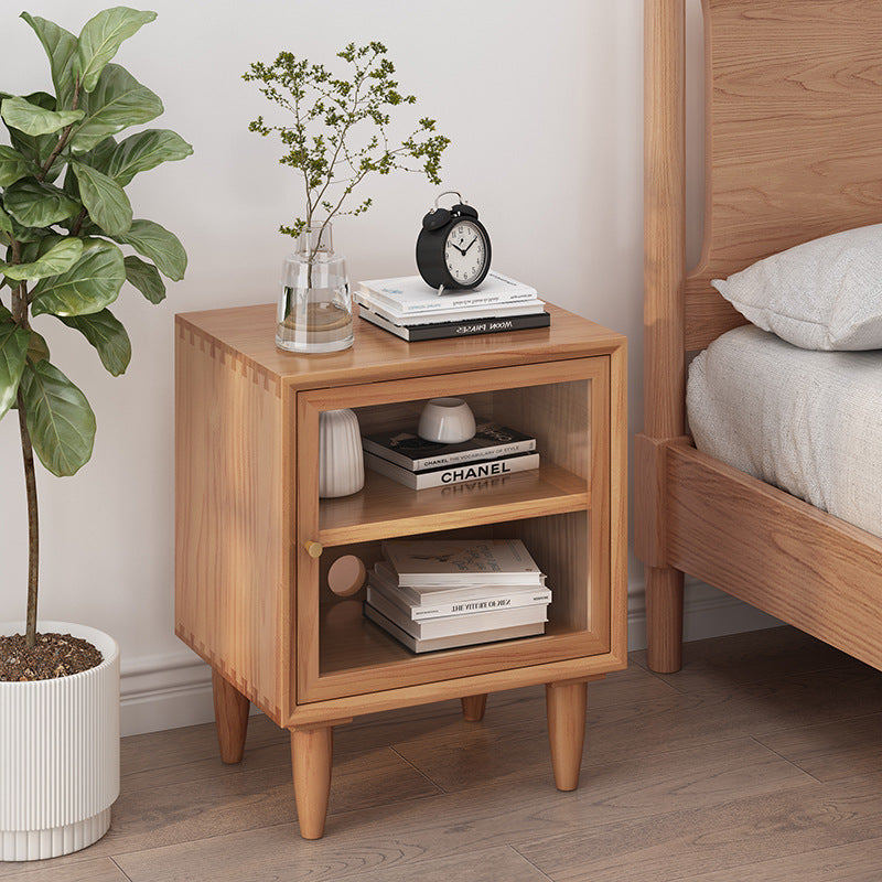 Traditional Chinese Square Pine Solid Wood Plywood Rattan Glass Nightstand 1-Cabinet For Bedroom