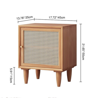 Traditional Chinese Square Pine Solid Wood Plywood Rattan Glass Nightstand 1-Cabinet For Bedroom