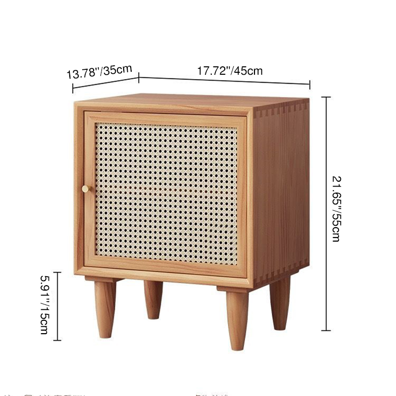 Traditional Chinese Square Pine Solid Wood Plywood Rattan Glass Nightstand 1-Cabinet For Bedroom