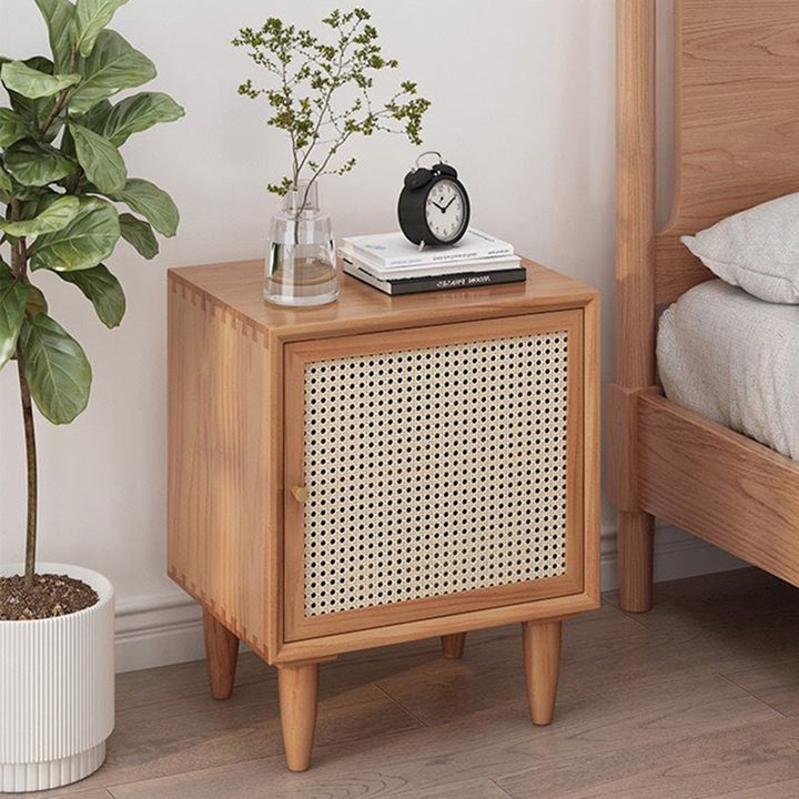 Traditional Chinese Square Pine Solid Wood Plywood Rattan Glass Nightstand 1-Cabinet For Bedroom